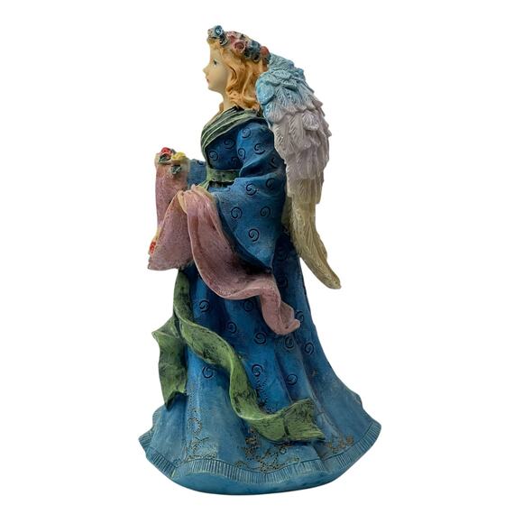 Young's Resin Angel Blue Dress Holding Scarf Filled with Flowers 6" Tall - Picture 5 of 5